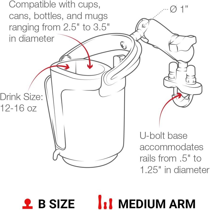 RAM Mounts Motorcycle Level Cup Holder with U-Bolt Handlebar Mount | Self-leveling cup holder with B Size 1" ball for motorcycles, ATVs and boat rails