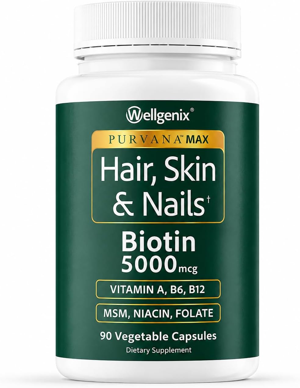 Wellgenix Purvana MAX Hair Skin & Nails Vitamins, Biotin 5000mcg, 90 Count | Biotin, MSM & hyaluronic acid in vegetable capsules for thicker