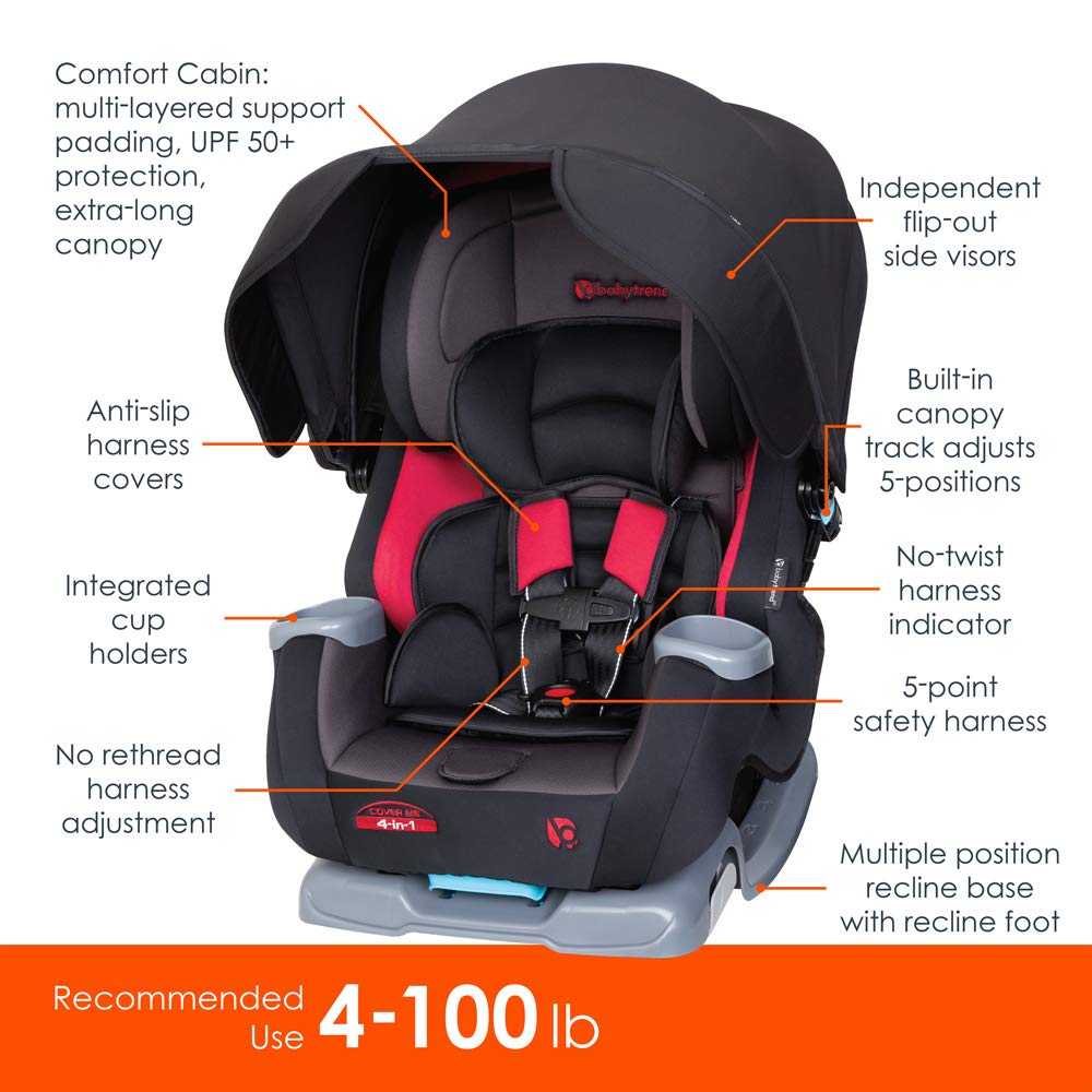 Baby Trend Cover Me™ 4-in-1 Convertible Car Seat, Vespa – Built-in Canopy, 4-Stage Growth System, Plush Comfort Padding, Multi-Position Recline