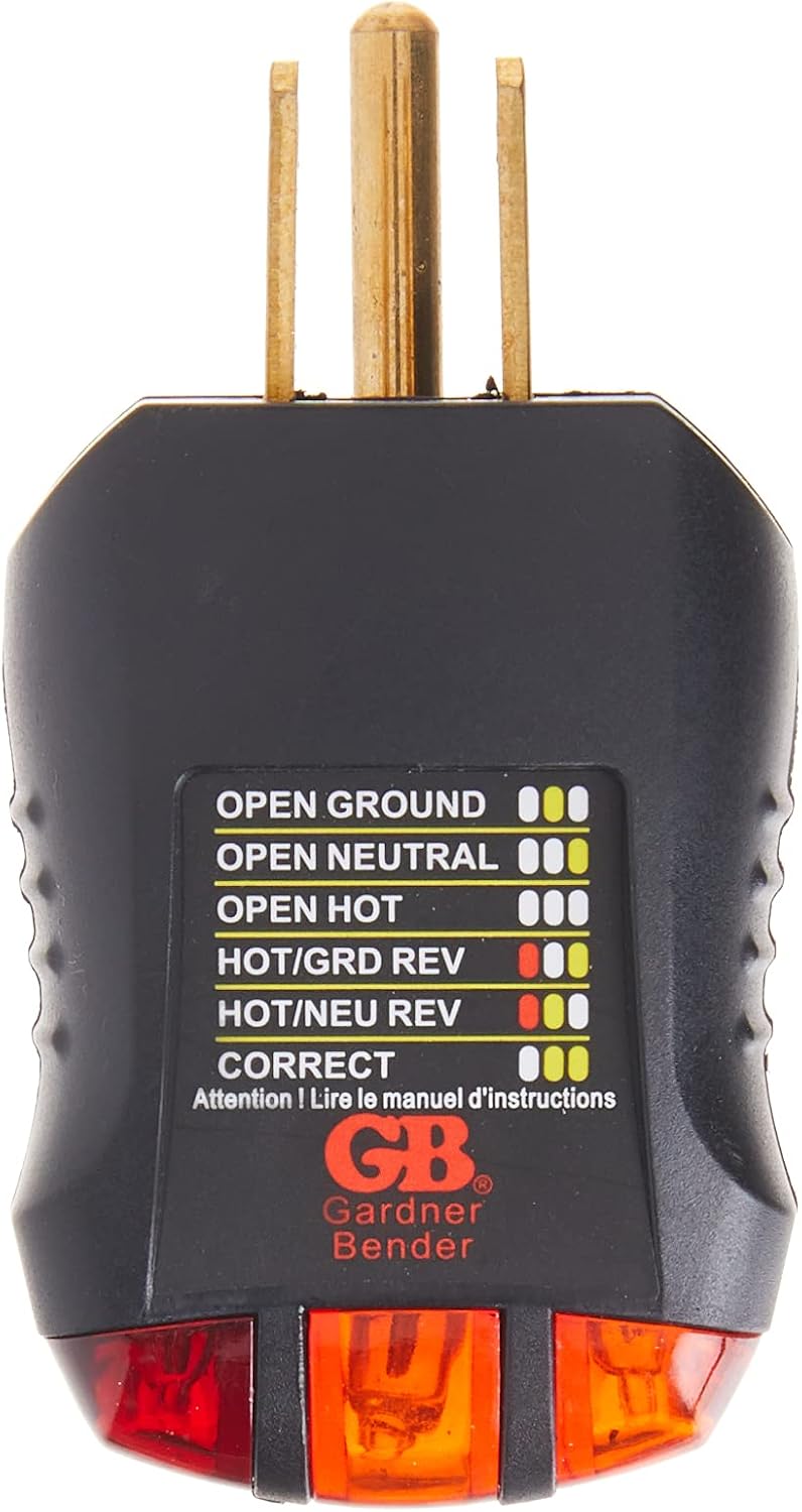 Gardner Bender GFI-3501 Ground Fault Receptacle Tester & Circuit Analyzer, 110-125V AC, for GFCI / Standard / Extension Cords & More, 7 Visual LED Tests , Red | 110-125V AC Receptacle Tester w/ 3 LED Lights Indicating 7 Wiring Conditions, Tests GFCI & Ou…
