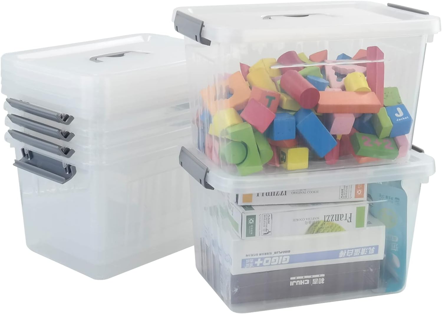 Clear Plastic Storage Bins with Wheels, 4-Pack Latch Boxes, 30 L