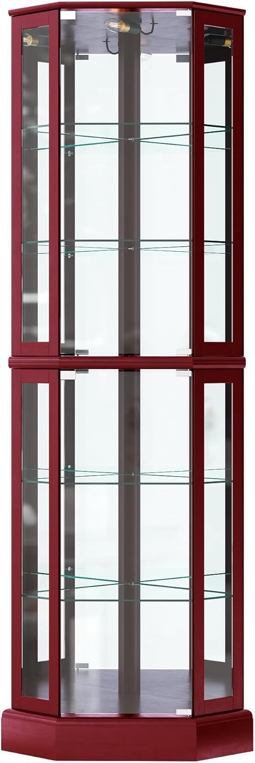 BELLEZE Lighted Corner Display Curio Cabinet Wooden Curved Shelving Unit with Tempered Glass Door