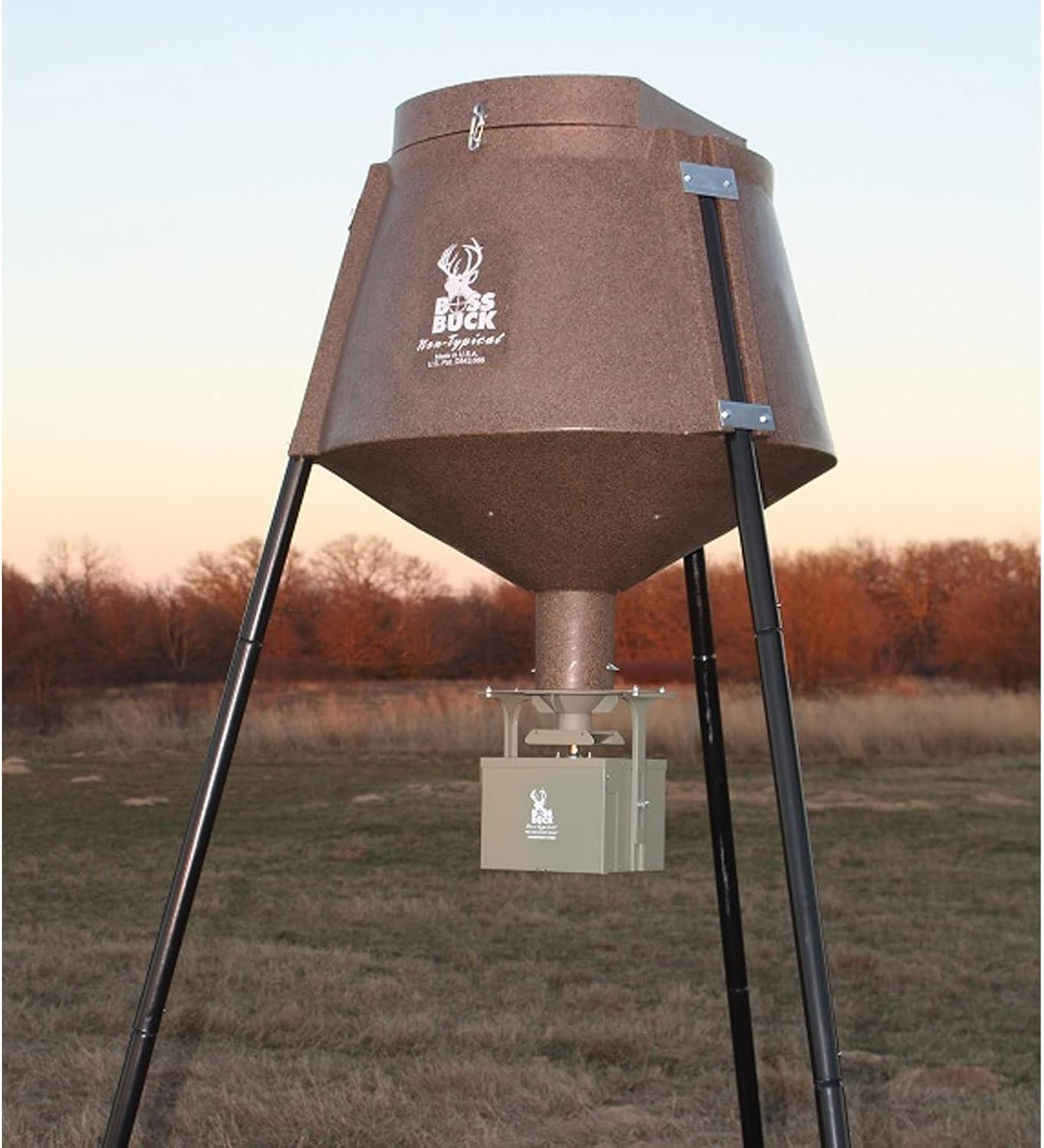 BOSS BUCK 200 LB Deer Feeder/Hunting Durable Lightweight Plastic UV Protected Waterproof Game Feeder with 12V Spinner Automatic Delivery System & Multi-Piece Legs
