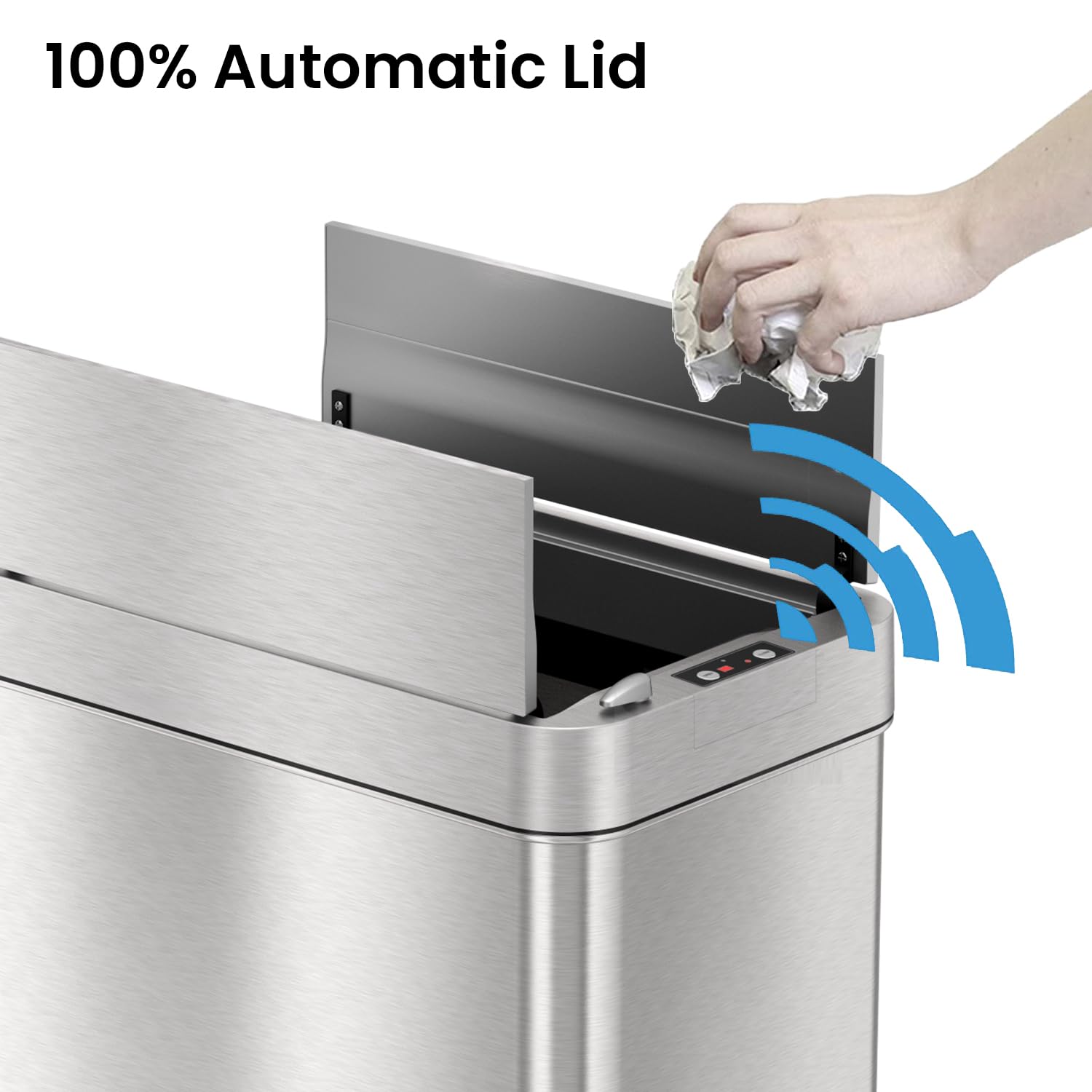 iTouchless 50 Liter / 13 Gallon Kitchen Trash Can with Lid & Deodorizer – Motion Sensor Semi-Round Stainless Steel Garbage Bin for Home, Office, or Garage – Slim, Wide Opening Large Capacity Design
