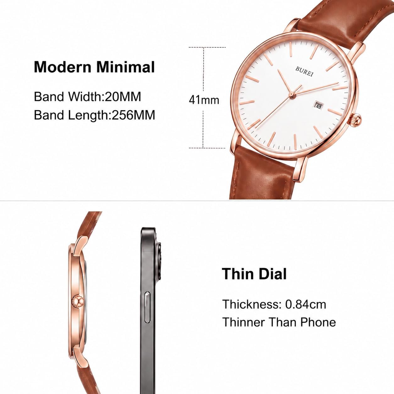 BUREI Men Wrist Watches Fashion Minimalist Thin Analog Quartz Waterproof Watches for Men, Refined Gifts for Men, Boyfriend, Husband, Dad