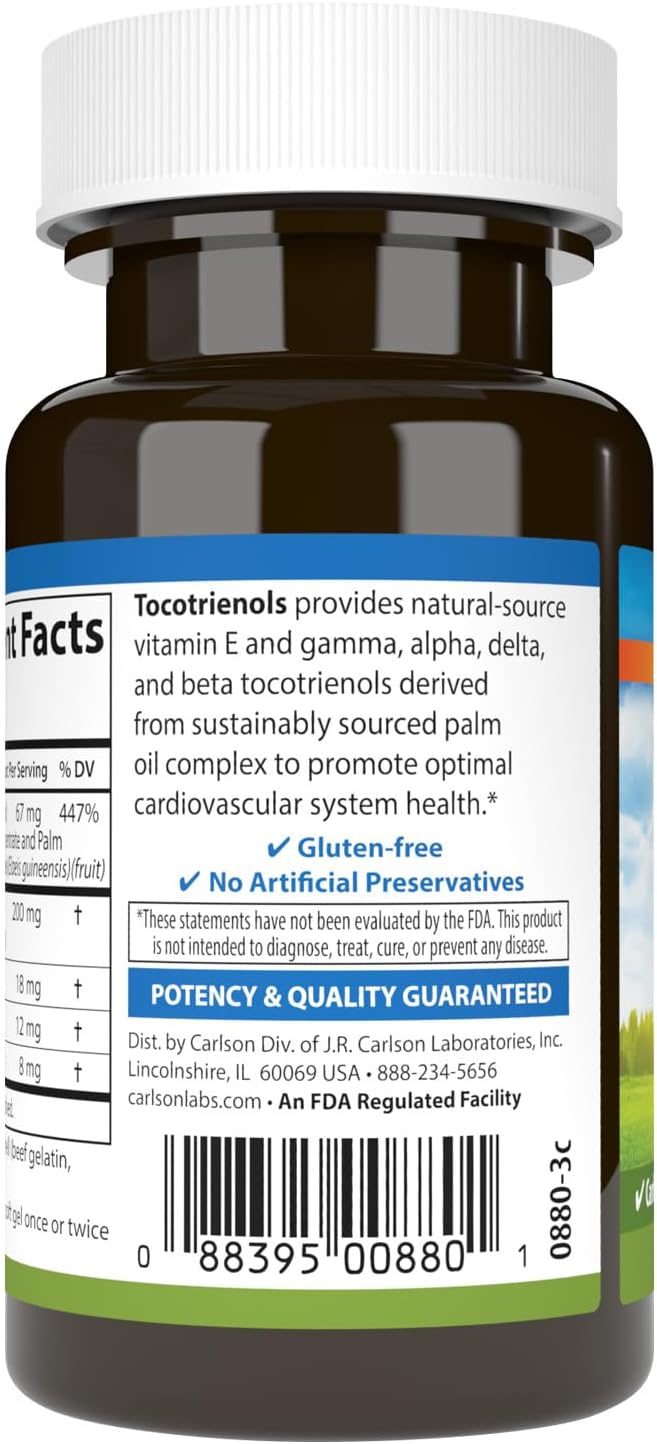 Carlson Tocotrienols, 40 mg, with Natural-Source Vitamin E, 30 Softgels | Gamma; Alpha; Delta; Beta; Sustainably Sourced