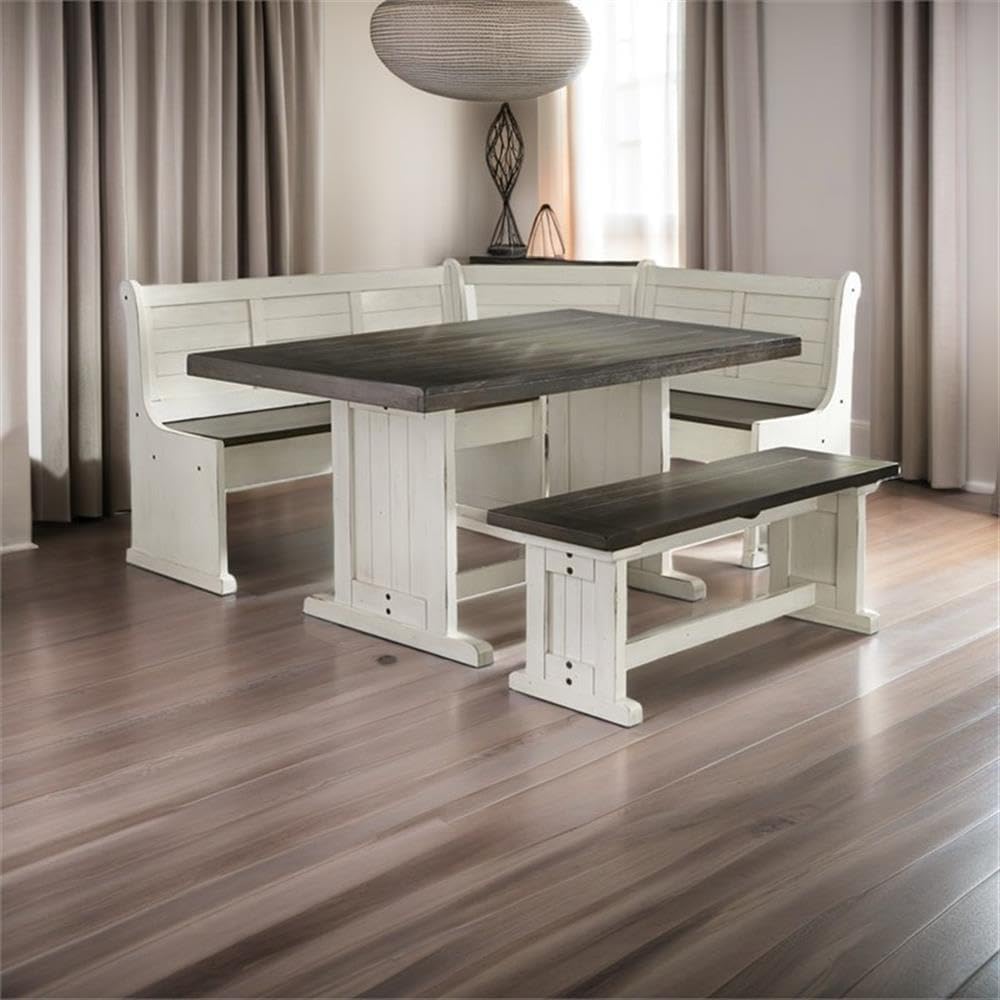 Carriage House Wood Breakfast Nook Set, Off White and Dark Brown Finish, Mahogany Base, Hidden Storage Benches, Reversible Design