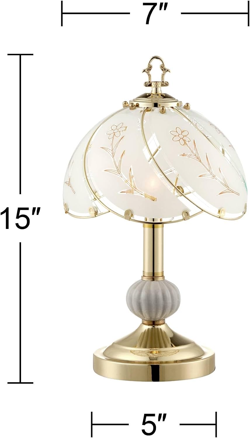 Polished Brass Flower Petal 15" Small Table Lamp Gold Touch 4-Way Glass Off | Etched Shade Art Traditional Cottage Floral Bedroom House Bedside Nightstand Home Office Living Room