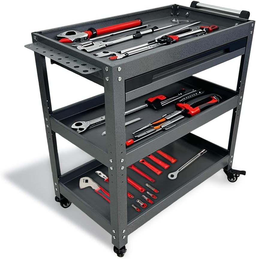 Metal 3 Tier Rolling Tool Cart with Drawer, Steel Utility Cart on Wheels, for Warehouse Garage Workshop