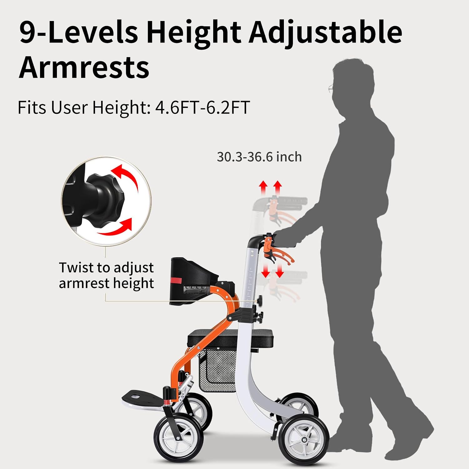 Nihhcune 4 in 1 Rollator Walker Transport Wheelchair Combo - No Assembly | 20lb Lightweight Mobility Rolling Walker with Seat for Seniors, Foldable Travel Chair, 8" All-Terrain Wheels, Supports 300lbs