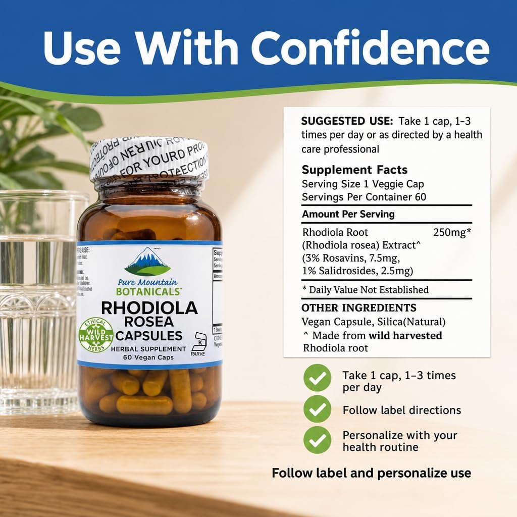 Pure Mountain Botanicals Rhodiola Rosea Supplement - 60 Capsules 250mg - Root Extract Standardized 3% Rosavins 1% Salidroside - Vegan Kosher Gluten