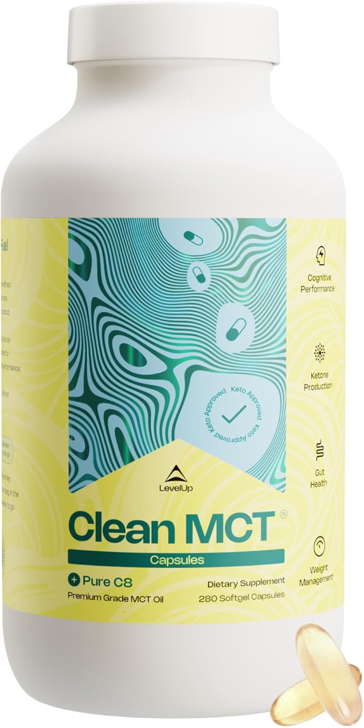 LevelUp Clean MCT Oil Capsules, 100% C8 Caprylic Acid, Keto, 280 Count | Mess-free MCT capsules for travel, coconut-sourced, non-GMO