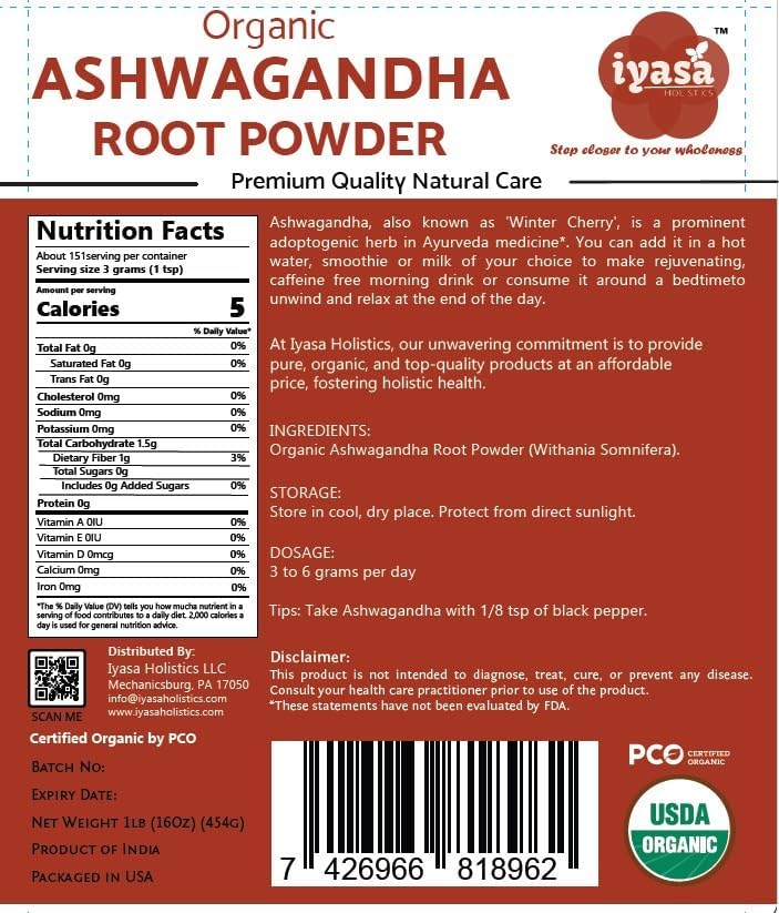 Iyasa Holistics Organic Ashwagandha Powder 16 oz – Natural Superfood Powder to Support Calm