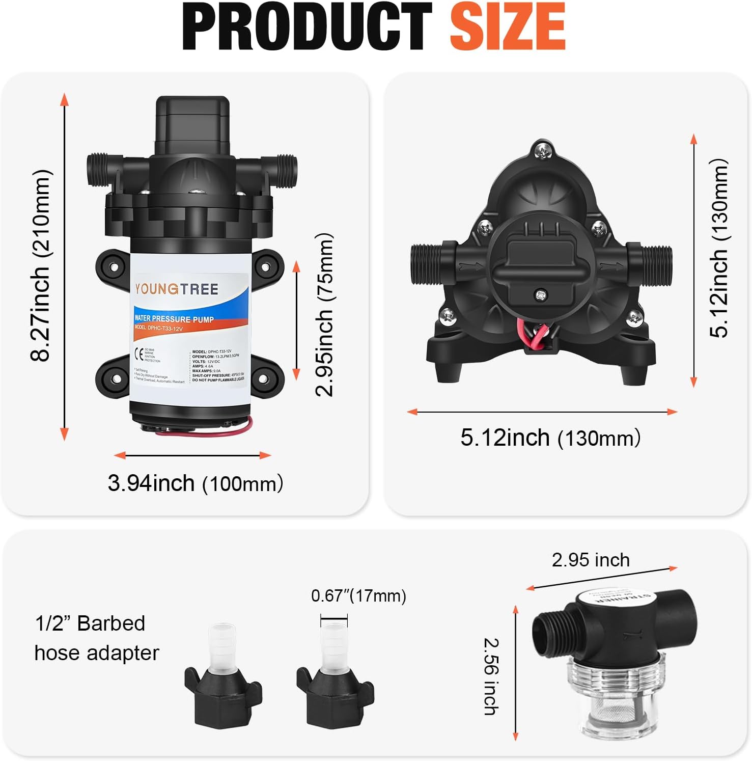 YOUNGTREE 55-Series 110V AC Fresh Water Diaphragm Pump 7GPM 70PSI 110volt 5-Chamber Water Pressure Washdown Pump On Demand with Pressure Switch for Irrigating, Home, Sprinkler, RV, Marine
