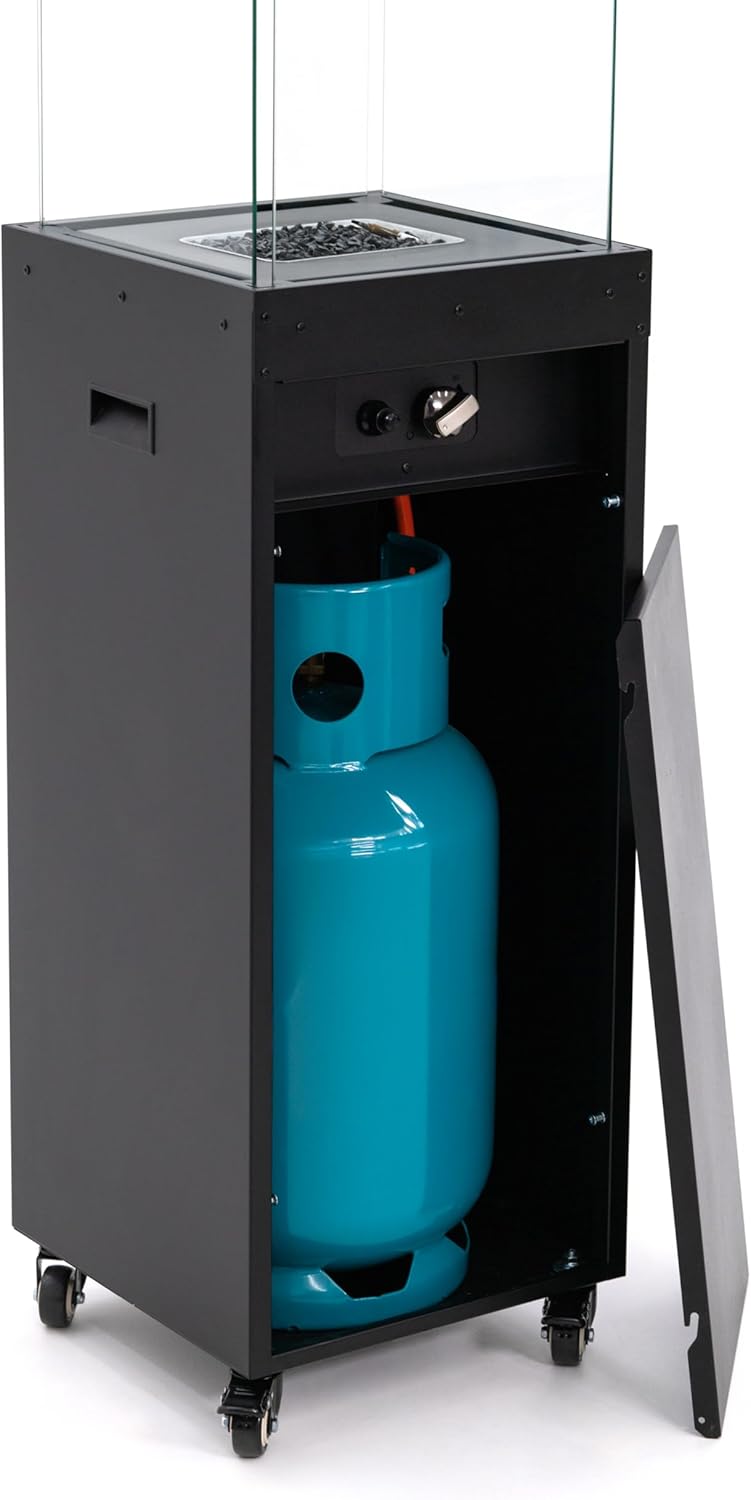 Planika Faro 41, 000 BTU Propane Patio Heater 59" Modern Freestanding Glass Tower with Wheels, Smokeless 360° Flame