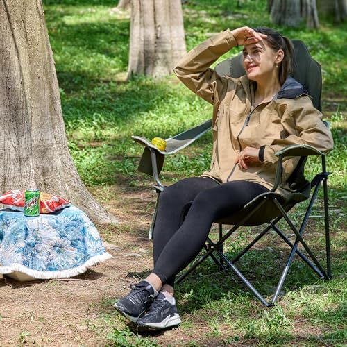 EVER ADVANCED High Back Folding Camping Chair Oversized and Fully Padded, Portable Quad Camp Lawn Chair Up to 400 lbs, with Cup Holder Armrest Carrying Bag