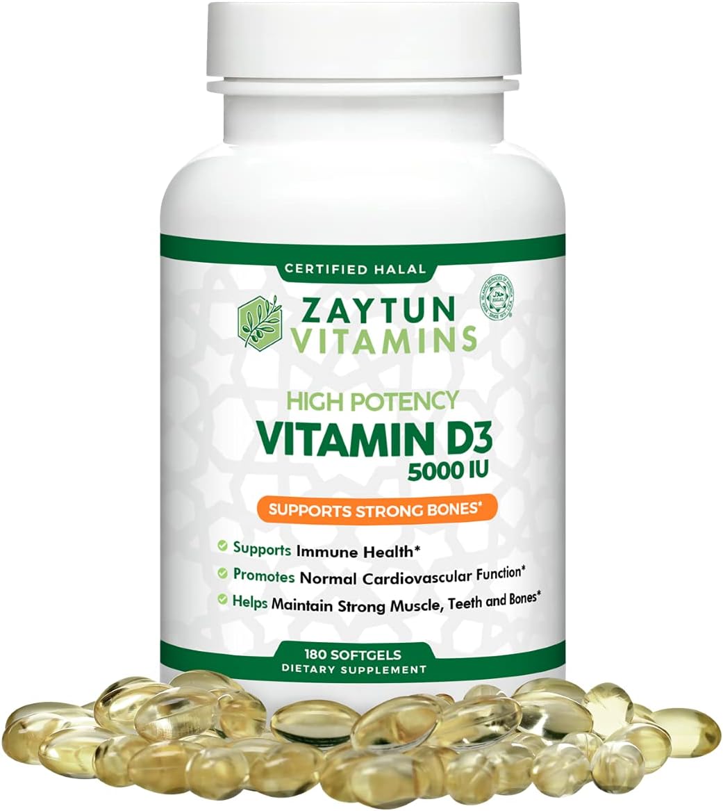 Zaytun Halal Vitamin D3 5000 IU, 6 Months Supply, Supports Bones, Healthy Muscle Function & Immune, Premium Vitamin D from Safflower Oil, Non-GMO