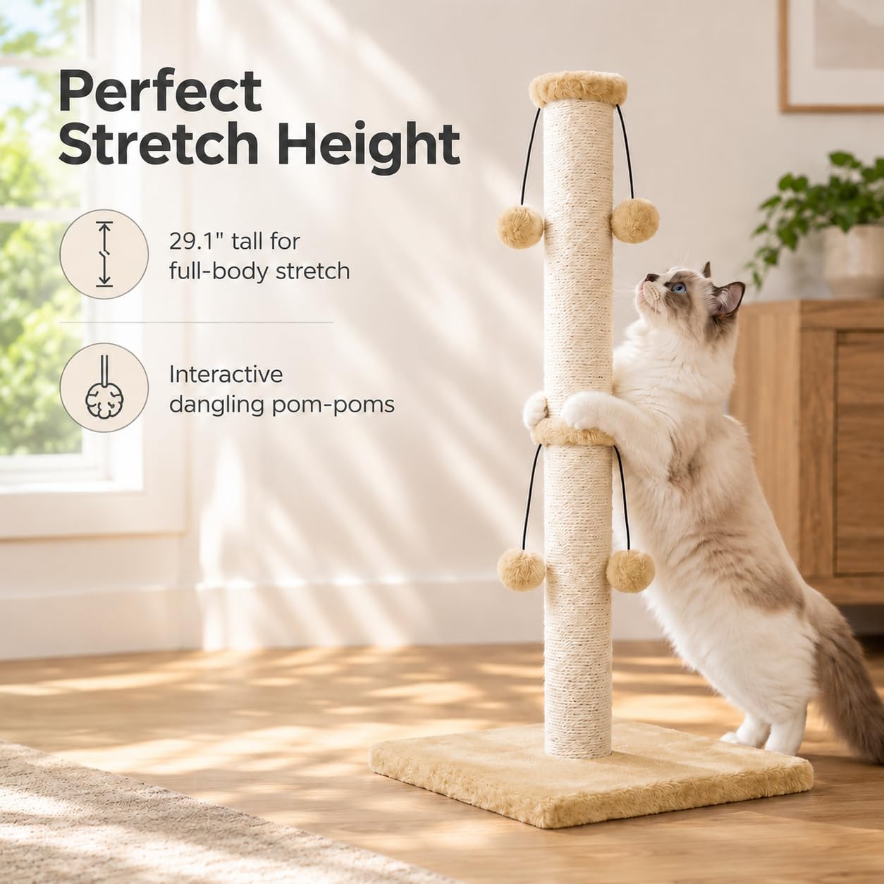 Dimaka 29'' Cat Scratching Post, Natural Sisal Rope Scratcher Post, Kitten Claw Scratch with 4 DanglingToy Balls for Large Cats (Grey)