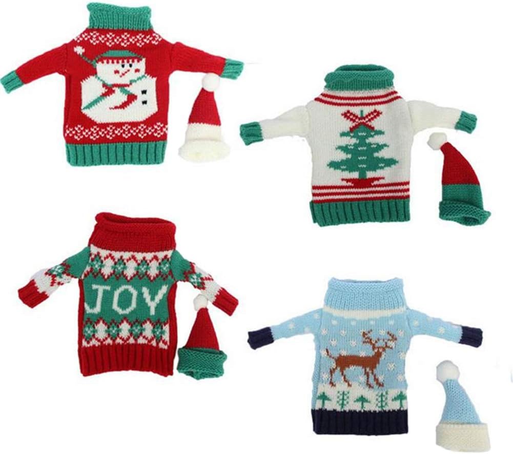 Vpang Christmas Bottle Cover Bag Knitted Wine Bottle Sweaters Cover Dress with Hat Set of 4