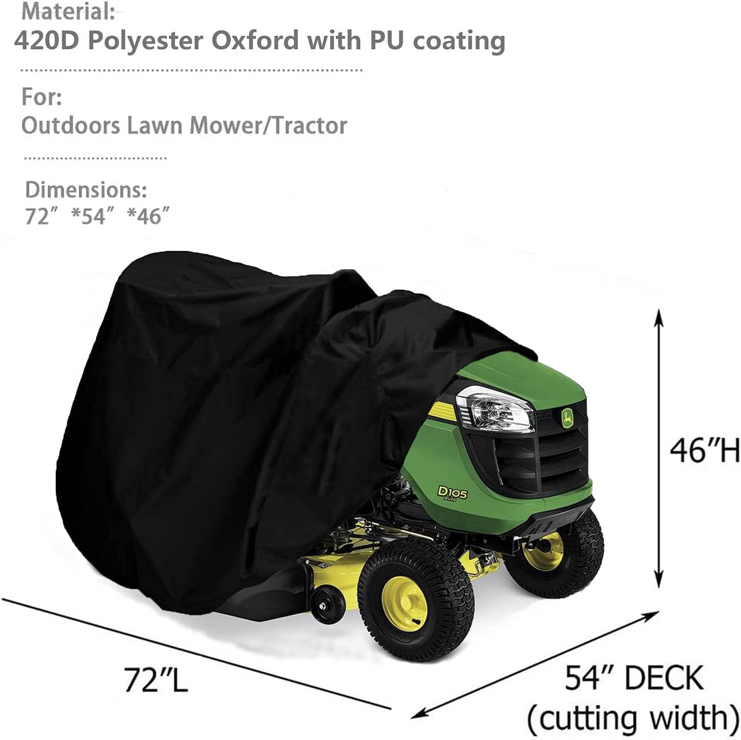 Riding Lawn Mower Cover, Waterproof Tractor Cover Fits Decks up to 54", Heavy Duty 420D Polyester Oxford, Durable, UV