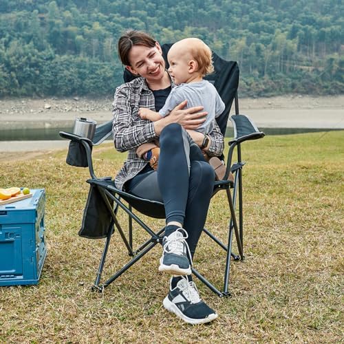 EVER ADVANCED High Back Folding Camping Chair Oversized and Fully Padded, Portable Quad Camp Lawn Chair Up to 400 lbs, with Cup Holder Armrest Carrying Bag