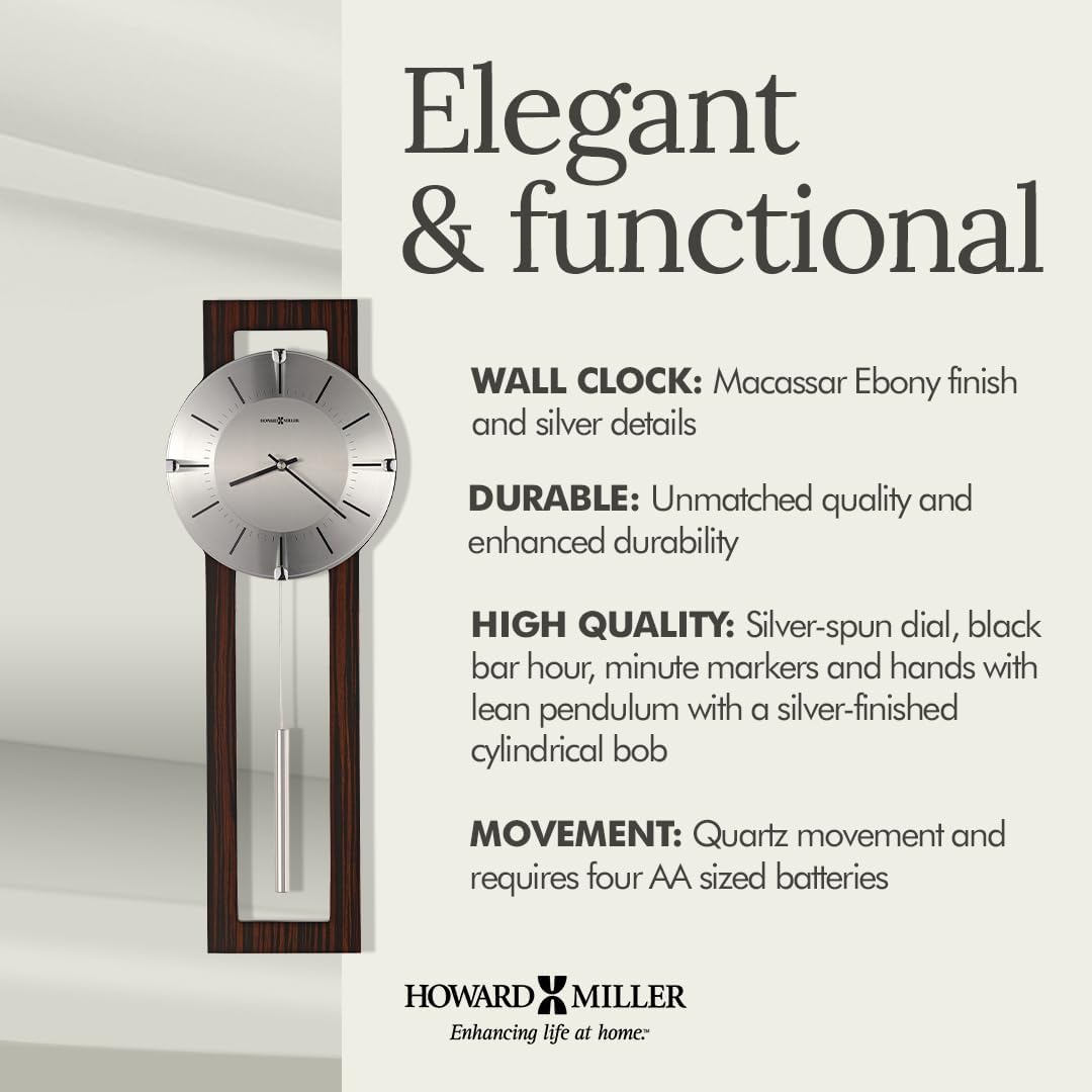 Howard Miller Mela Wall Clock with Pendulum | Wooden Frame, Silver Dial, Analog Quartz | Modern Minimalist Decor for Living Room, Office