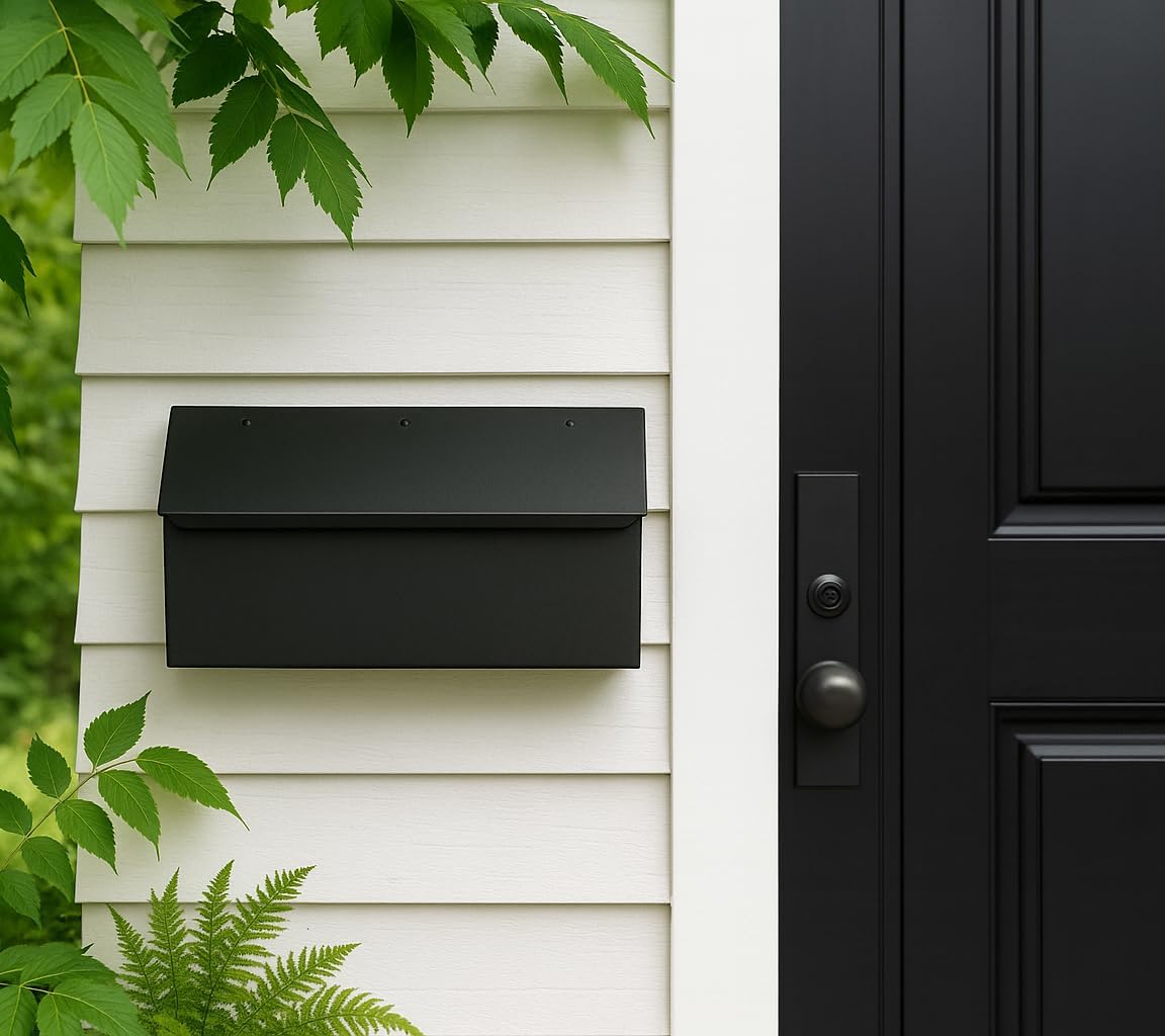 NACH Black Envelope Wall Mount Mailbox, Rust Resistant Metal Mailbox, Black Mailbox Wall Mount, Mailboxes for Outside Wall Mount, Outdoor Mailboxes, Wall Mailbox, 14.1 x 3.5 x 6 Inches, MB-6915BLK
