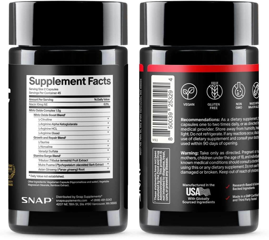 Snap Supplements Nitric Oxide Booster for Men & Women, 60 Vegan Capsules