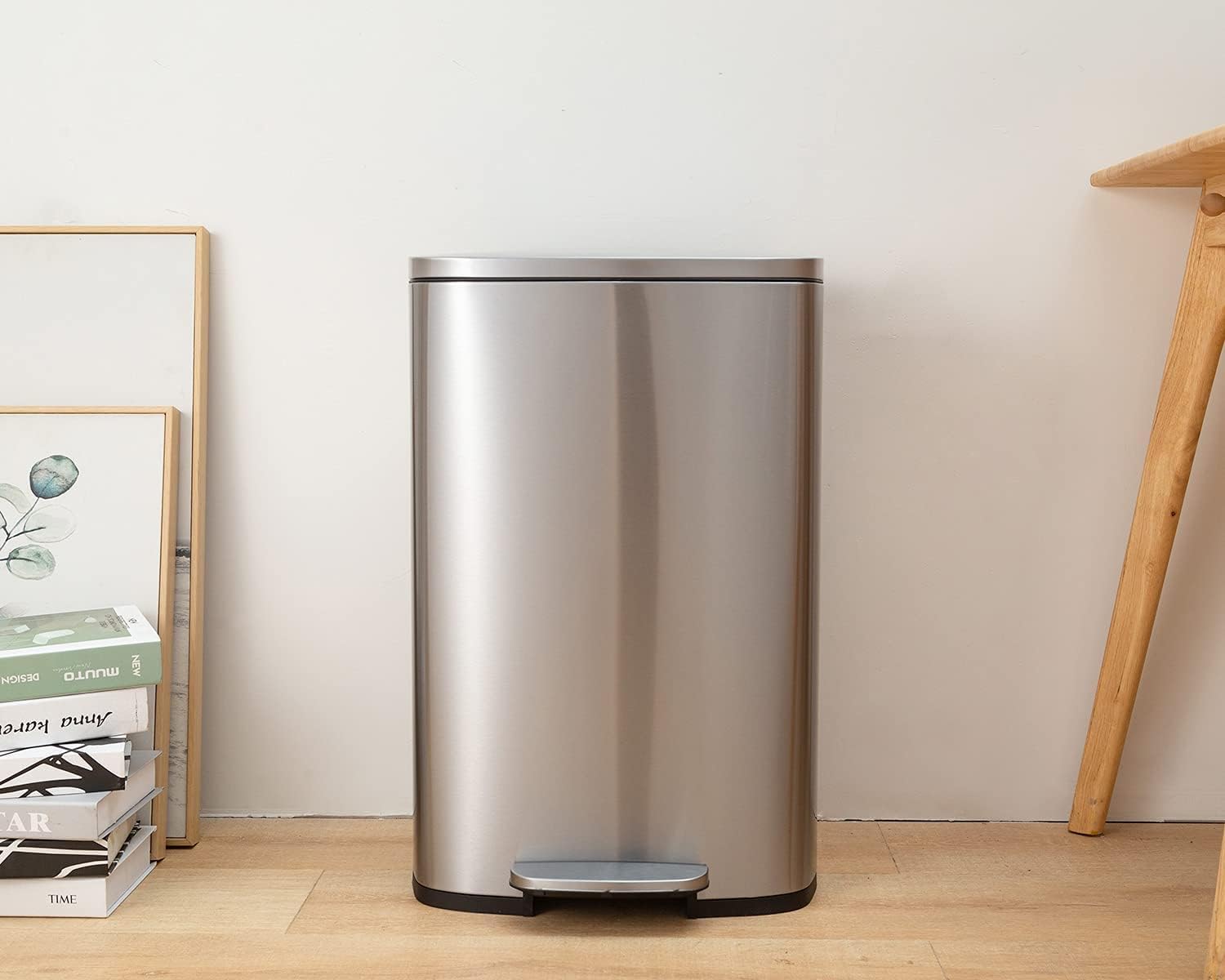 FDW | 13 Gallon Trash Can with Lid | Steel | Fingerprint-Proof | Made of Brushed Stainless Steel | Soft-Close Step Pedal | Hands-Free Use | Easy to Clean | for Kitchen, Office, Bathroom