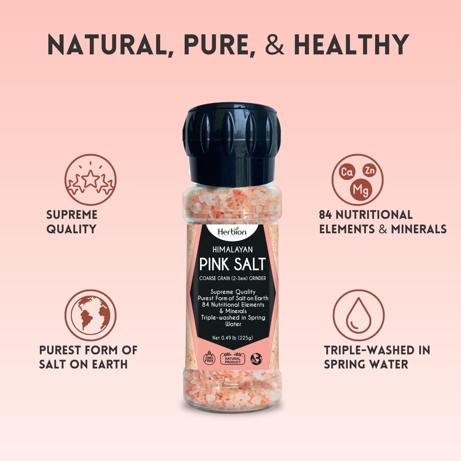 HERBION Naturals Himalayan Pink Salt Jar Fine Grain, GMO Free, Supreme Quality Chemical Free, Vegan, Kosher Certified, Fine Grain All Natural Salt