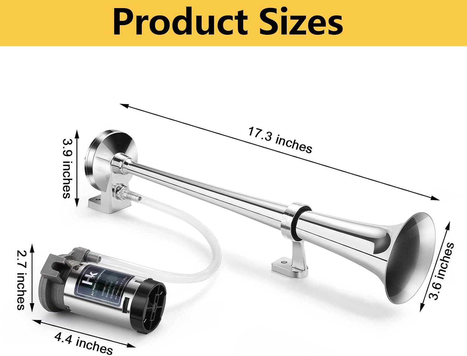 HK 12V 150db Air Horn, 18 Inches Chrome Zinc Single Trumpet Truck Air Horn with Compressor Powerful Loud 150db for Truck Boat SUV Train (Sliver)