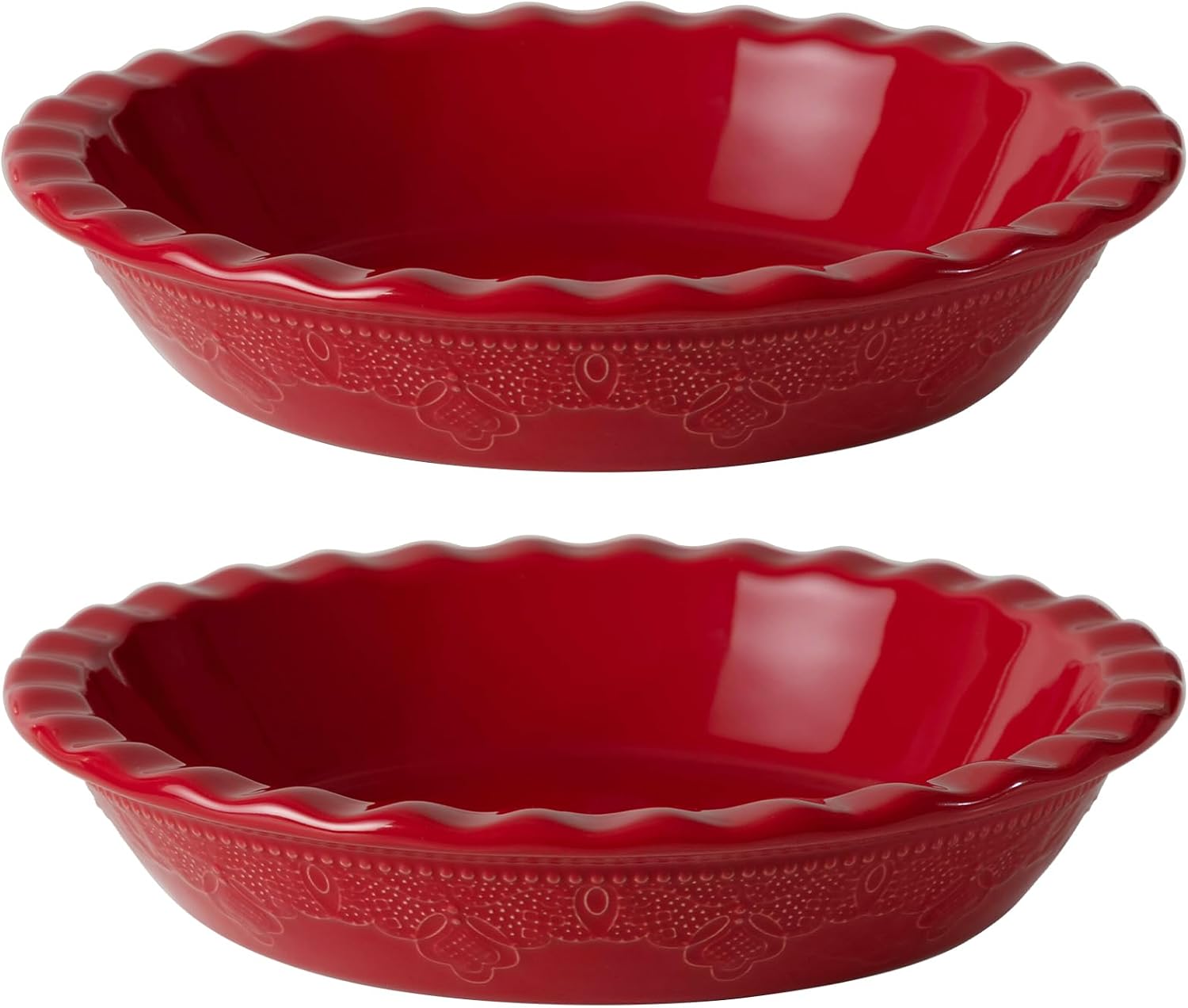 Fun Elements Pie Pan, 9 Inch Ceramic Pie Dish, Deep Dish Pie Pan with Lace Emboss, Ruffled Pie Plate for Baking