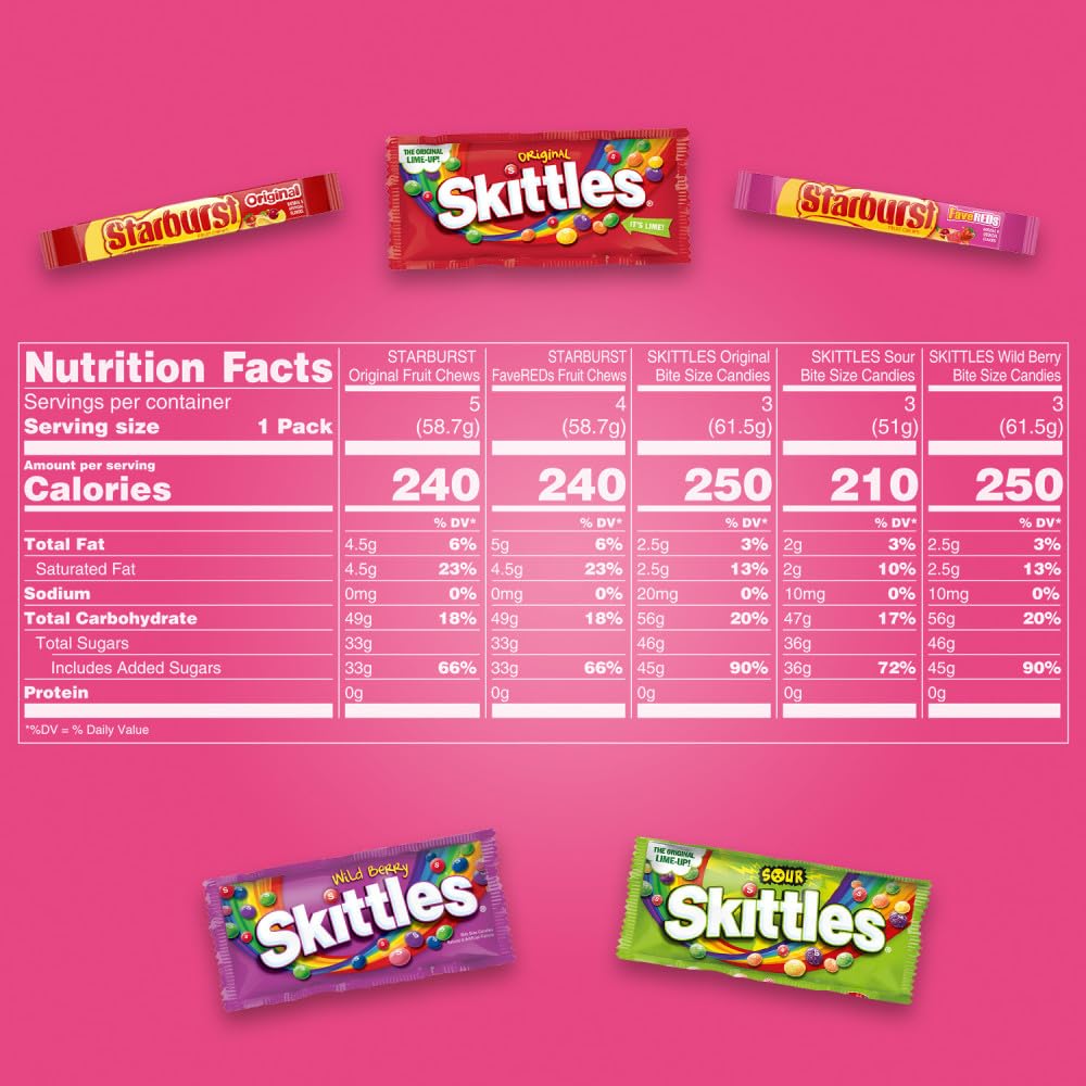 SKITTLES & STARBURST Assorted Candy Variety Pack Bulk Box 18 Count 37.05 oz | Everyday snacking, snack box, mix candy assortment bulk candy fruity candies bulk box for fundraising, snacking, road trips