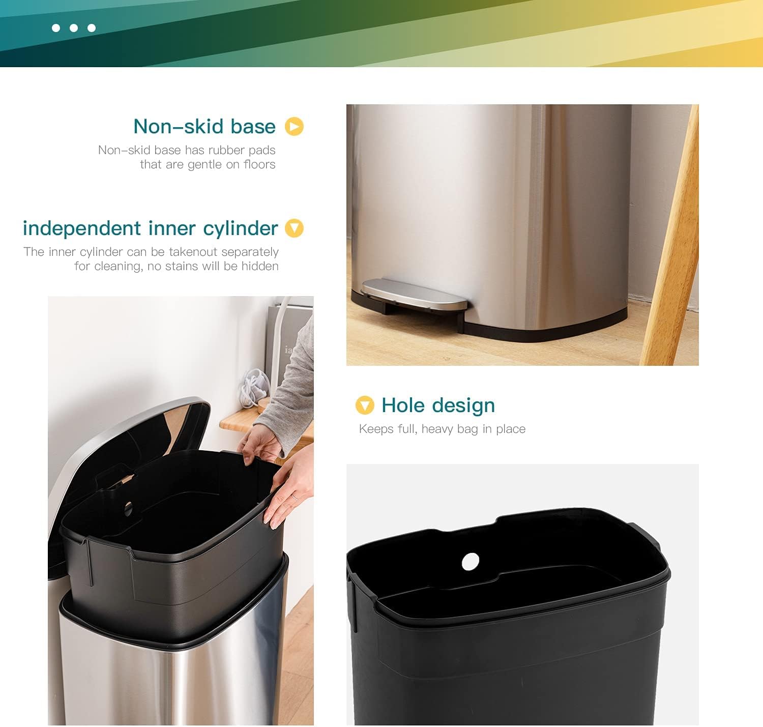 FDW | 13 Gallon Trash Can with Lid | Steel | Fingerprint-Proof | Made of Brushed Stainless Steel | Soft-Close Step Pedal | Hands-Free Use | Easy to Clean | for Kitchen, Office, Bathroom