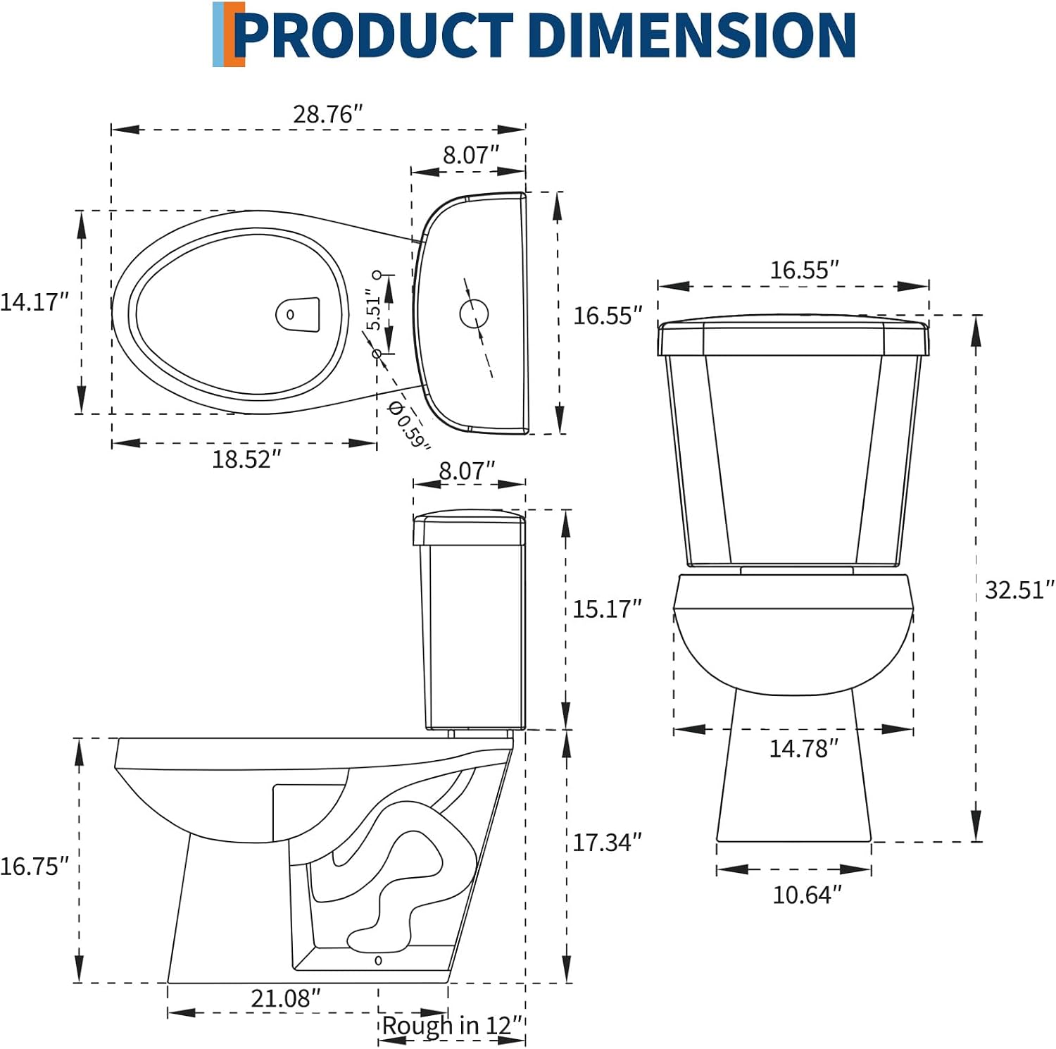 Two-Piece Toilets for Bathrooms, Comfort ADA Toilet with 19" Height, Elongated with Soft Close Seat, Power Flush 1.28 GPF