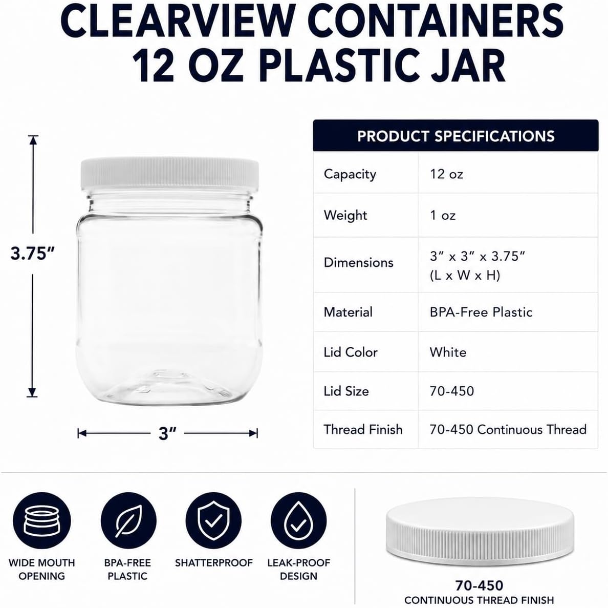 1 Pack - 128 oz (1 Gallon) Plastic Storage Jars with 110-400 Leak Proof Black Lids, Food Grade, BPA Free, Hand Wash Only (128oz, BLK, 1PK)