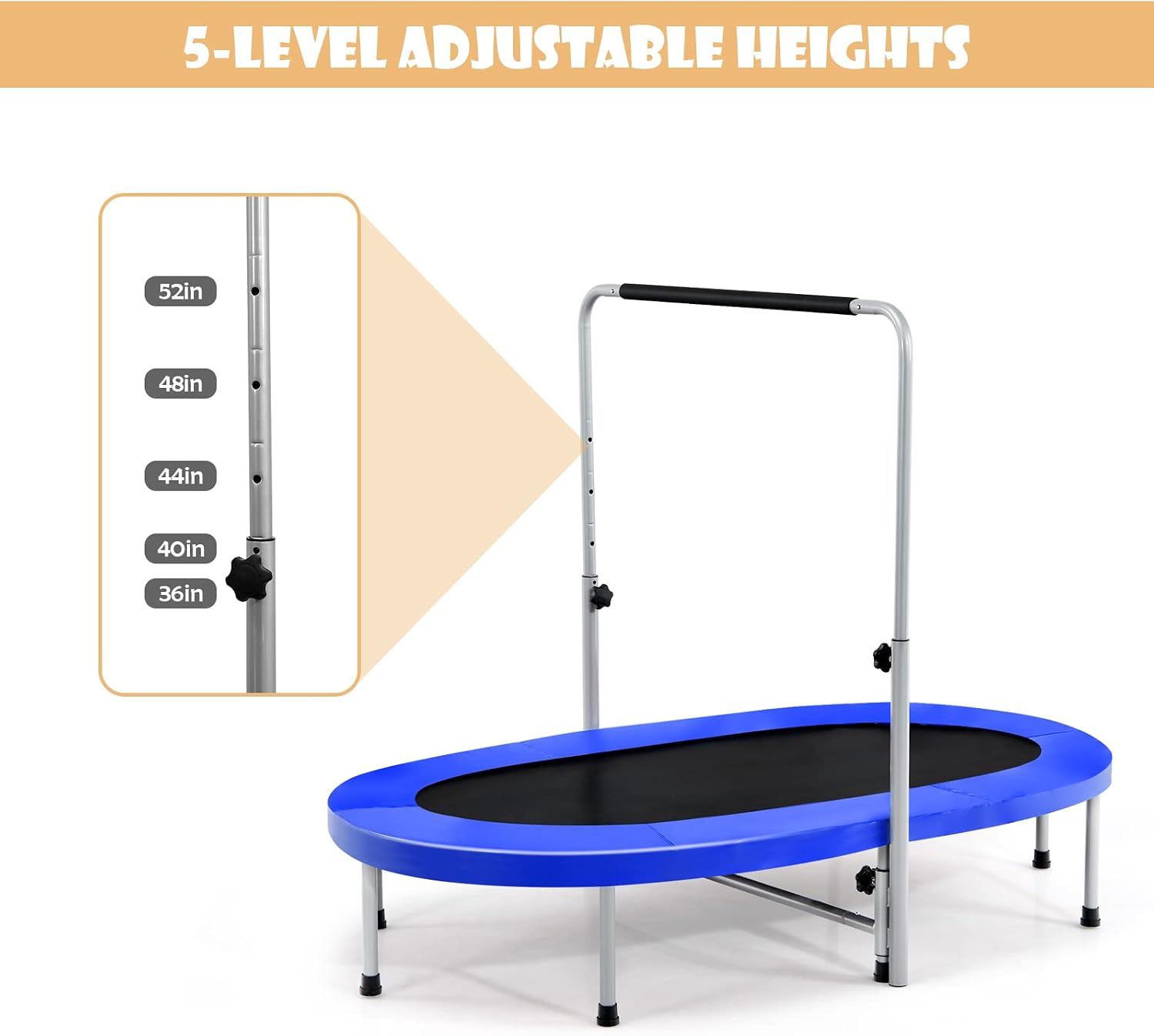 Giantex Mini Trampoline, 2 Persons Foldable Fitness Trampoline w/ 5 Levels Height Adjustable Handle, Max Load 330LBS