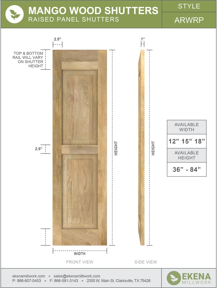 15"W x 55"H Americraft Two Equal Raised Panel Exterior Real Wood Shutters (Per Pair), Unfinished