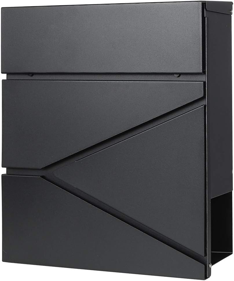 Decaller Large Capacity Mailbox with Key Lock, Wall Mount Metal Mail Box with Newspaper Compartment for Outside, 14.4" x 13" x 4.2", 938 Black
