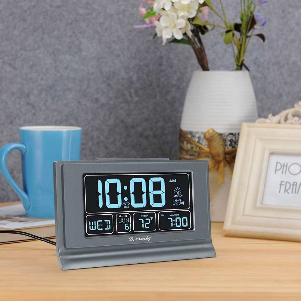 DreamSky Alarm Clocks for Bedrooms with Battery Backup, Auto Set | Digital Clock with Date & Day of Week, 5 Inch Large Display, Weekday, Temperature, USB Port, Auto DST, Brightness Dimmer