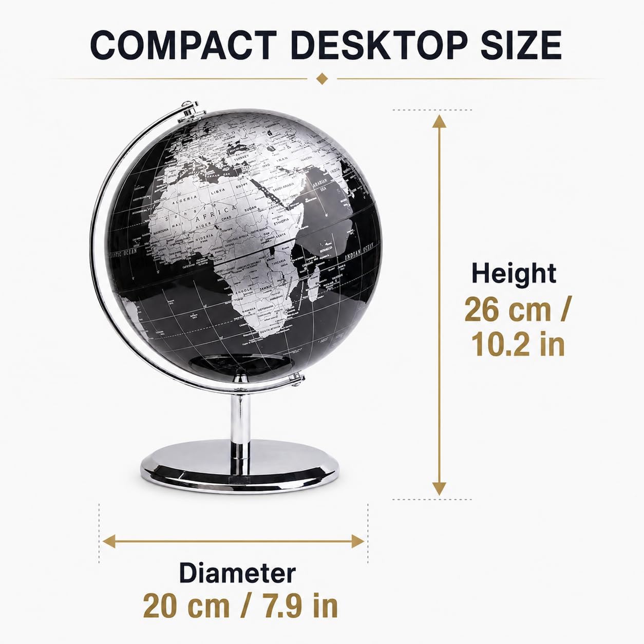 EXERZ 5.5 Inches Mini World Globe Black Rotating Desktop Globe | With Stainless Steel Base for Home Office School