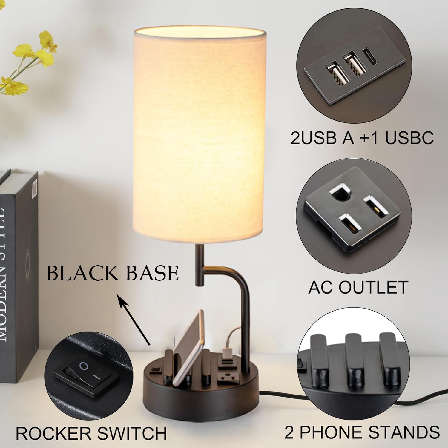 Dreamholder Table Lamp with 3 USB Charging Ports, Modern Desk Lamp with AC Outlet and Phone Stands, Perfect Bedside Lamp for Bedroom, Living Room