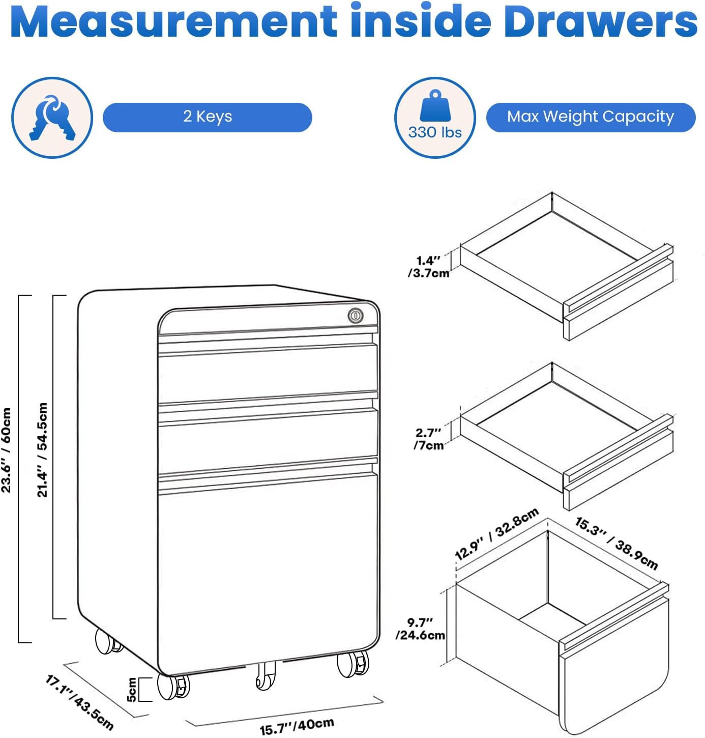 Dripex 3 Drawer Metal Rolling File Cabinet Under Desk Filing Cabinet White | 16"W x 18"D x 24"H, Lockable, 5 Wheels, Fully Assembled