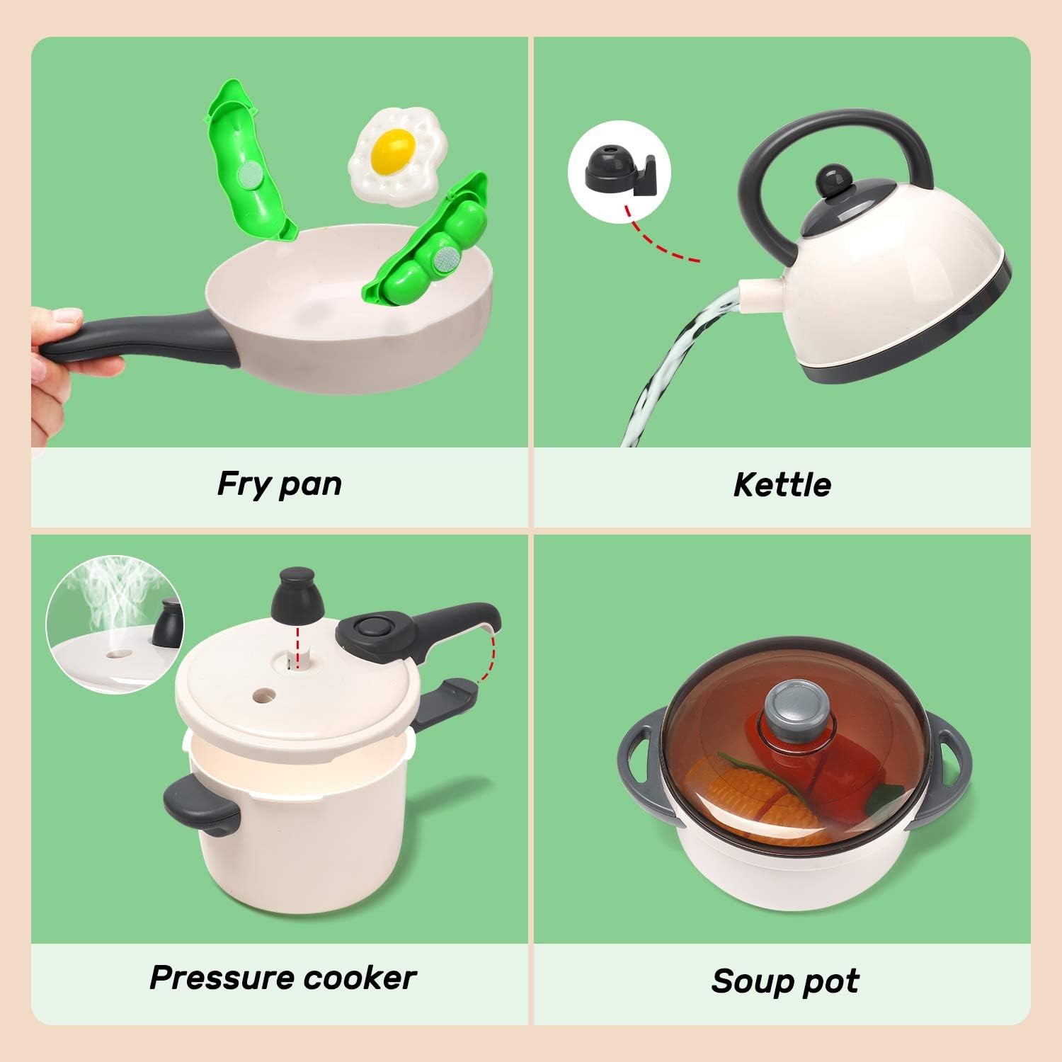 CUTE STONE Pretend Play Kitchen Toy with Cookware Steam Pressure Pot and Electronic Induction Cooktop, Cooking Utensils, Toy Cutlery, Cut Play Food