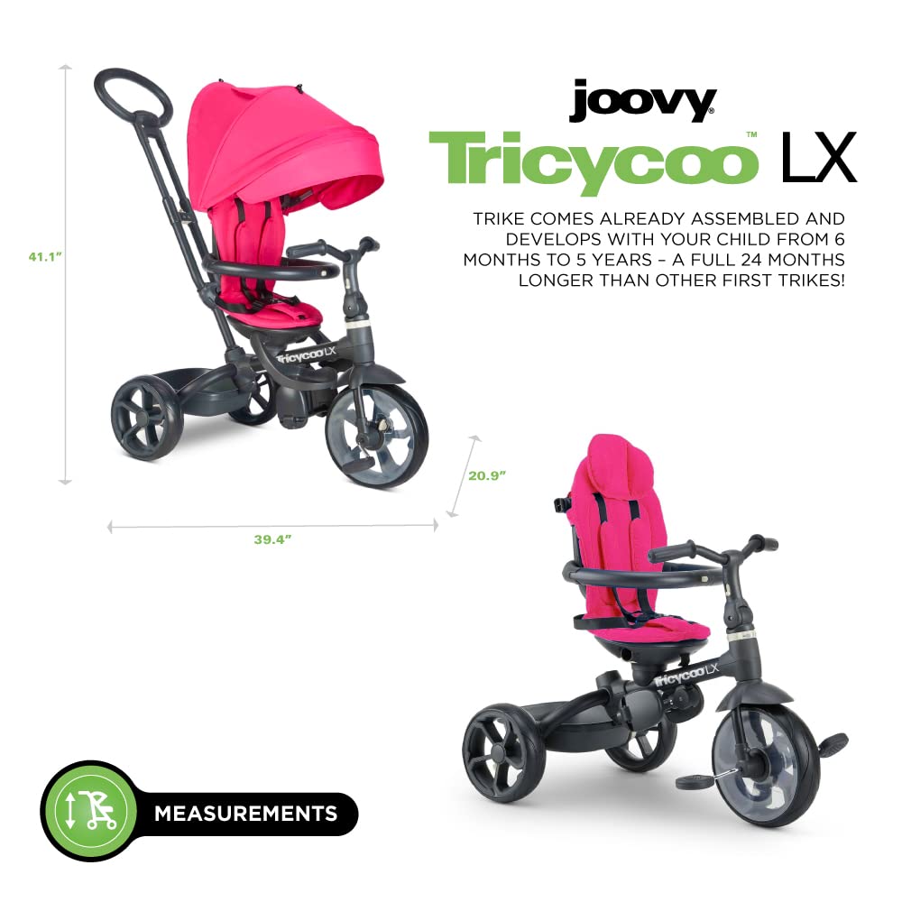 Joovy Tricycoo 4.1 Kids Tricycle with 4-Stages Featuring Extra-Wide Front Tire, Removable and Adjustable Parent Handle, Safety Harness