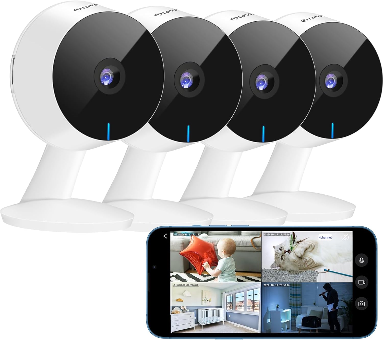 LaView Security Cameras 4pcs, Home Security Camera Indoor 1080P, Wi-Fi Cameras Wired for Pet, Motion Detection, Two-Way Audio, Night Vision, Phone App