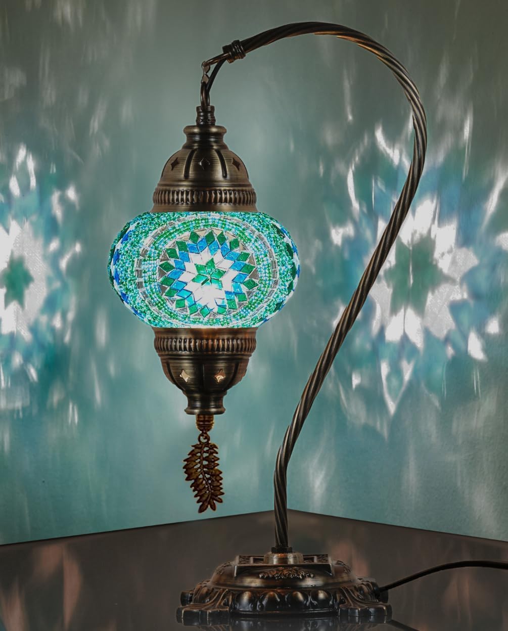 DEMMEX Turkish Table Lamp Moroccan Bedside Light Handmade Tiffany Mosaic Glass Boho Artisan Accent Lighting for Bedroom Living Room, Antique Brass Finish – 15" H, Multicolor