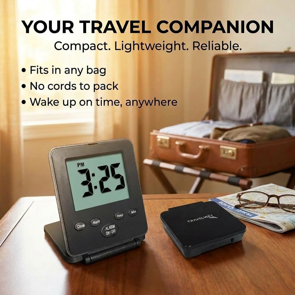 Digital Travel Alarm Clock - No Bells, No Whistles, Simple Basic Operation, Loud Alarm, Snooze, Small and Light, ON/Off Switch, 2 AAA Battery Powered