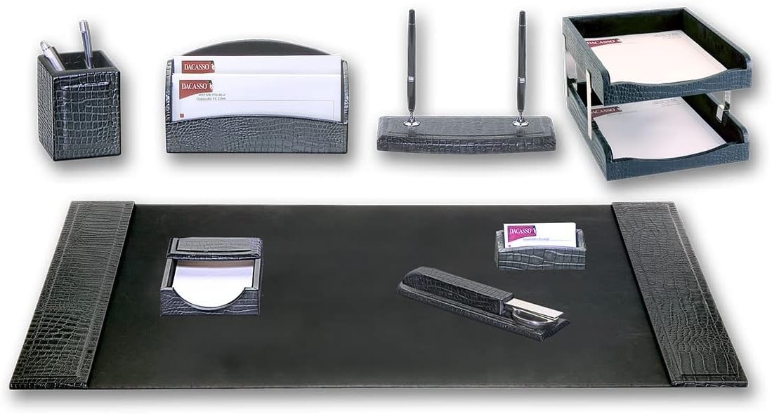 Dacasso Black Crocodile Embossed Leather Desk Set, 10-Piece