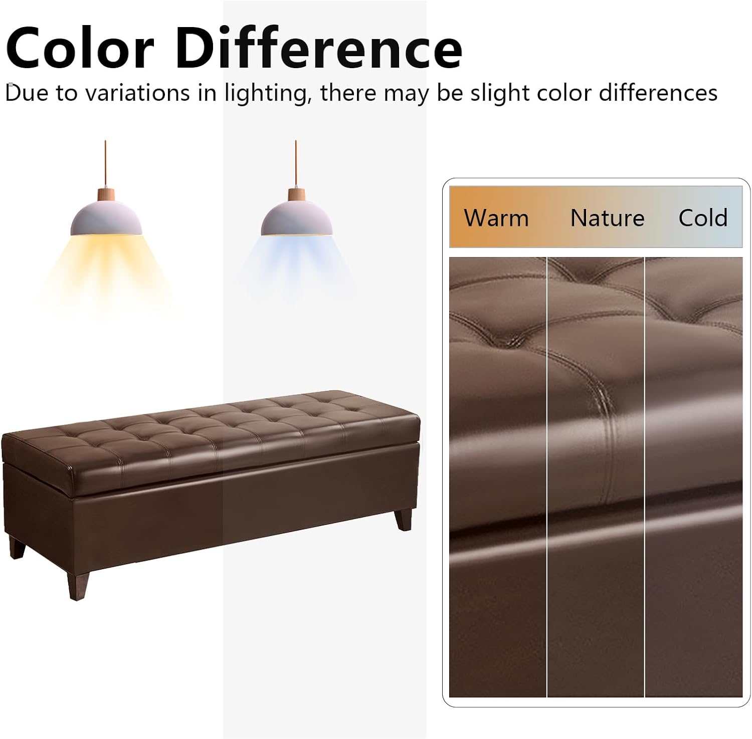 51 Inch Storage Bench,Leather Tufted Storage Ottoman with Legs | Safety Hinges,Wooden Legs,Upholstered,End of Bed,Bedroom,Living Room,Entryway,330LBS,Brown